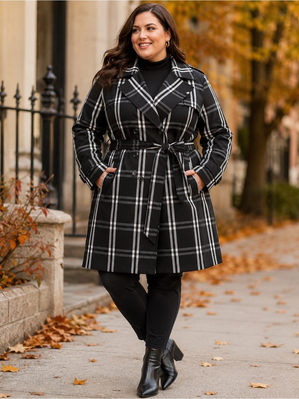 Addition Elle NWOT Plus Size X Plaid Belted Double Breasted Trench Coat